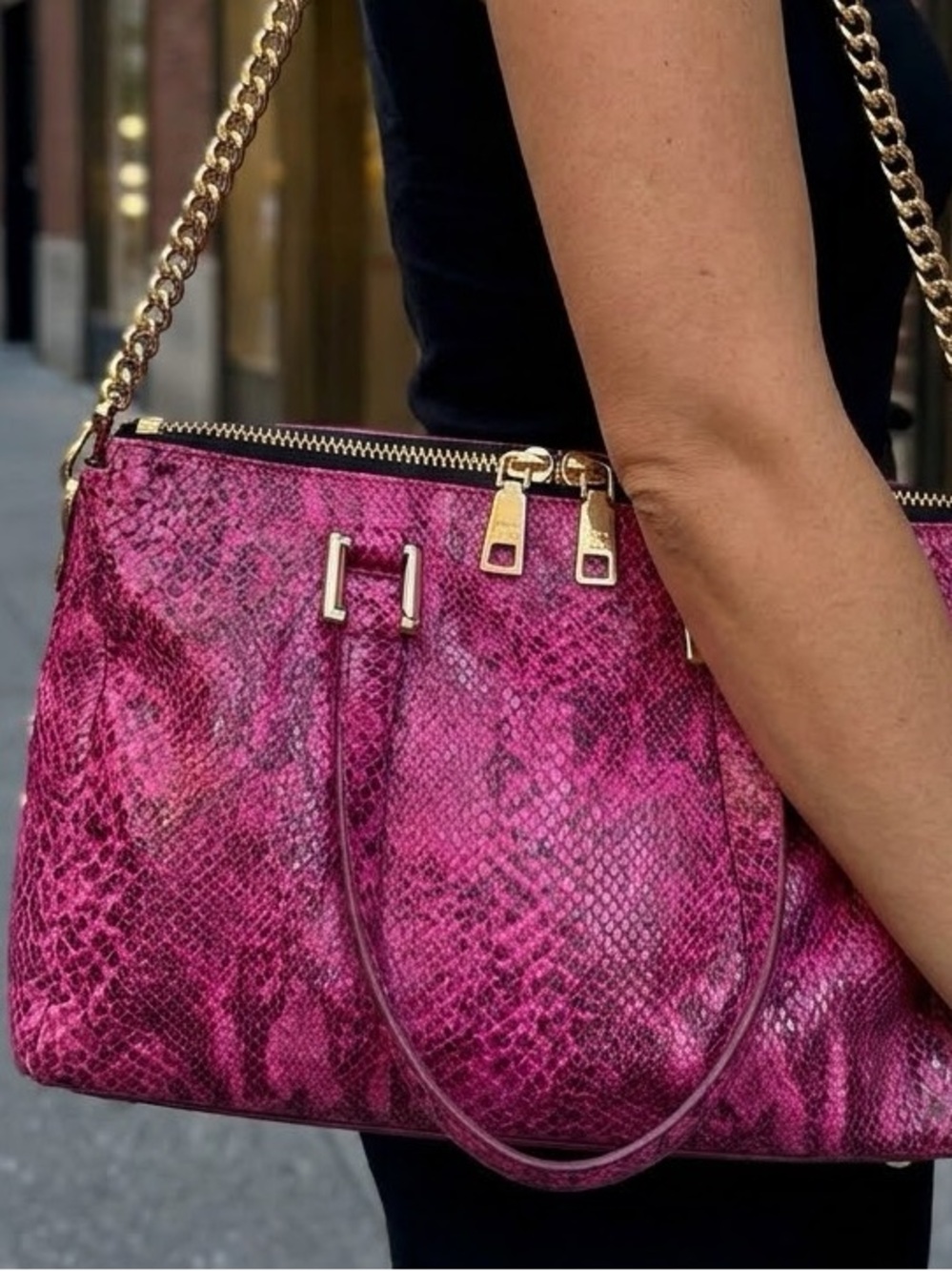 Juicy Couture Hot Pink Python Print Goat Leather Satchel Bag with Gold Hardware